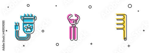 Set Hair clipper pet, Pet nail clippers and brush for dog and cat icon. Vector.