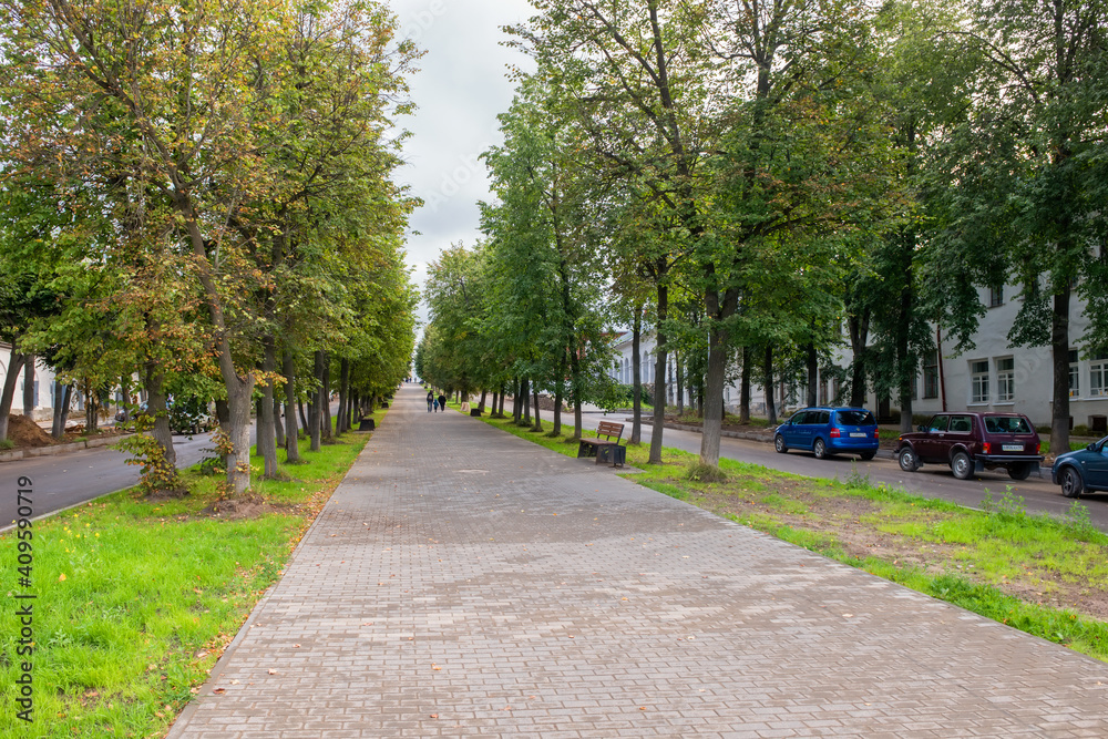 View of the boulevard on Molochnaya Gora street in the city of Kostroma on a summer evening