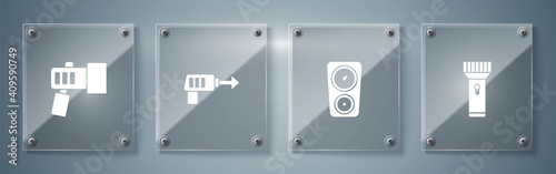 Set Flashlight, Gauge scale, Fishing harpoon and . Square glass panels. Vector.