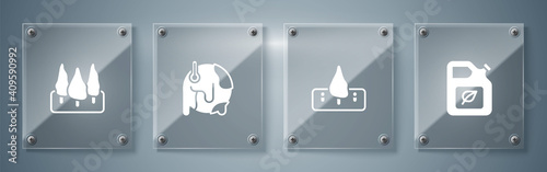 Set Bio fuel canister, Deforestation, Global warming and Forest. Square glass panels. Vector.
