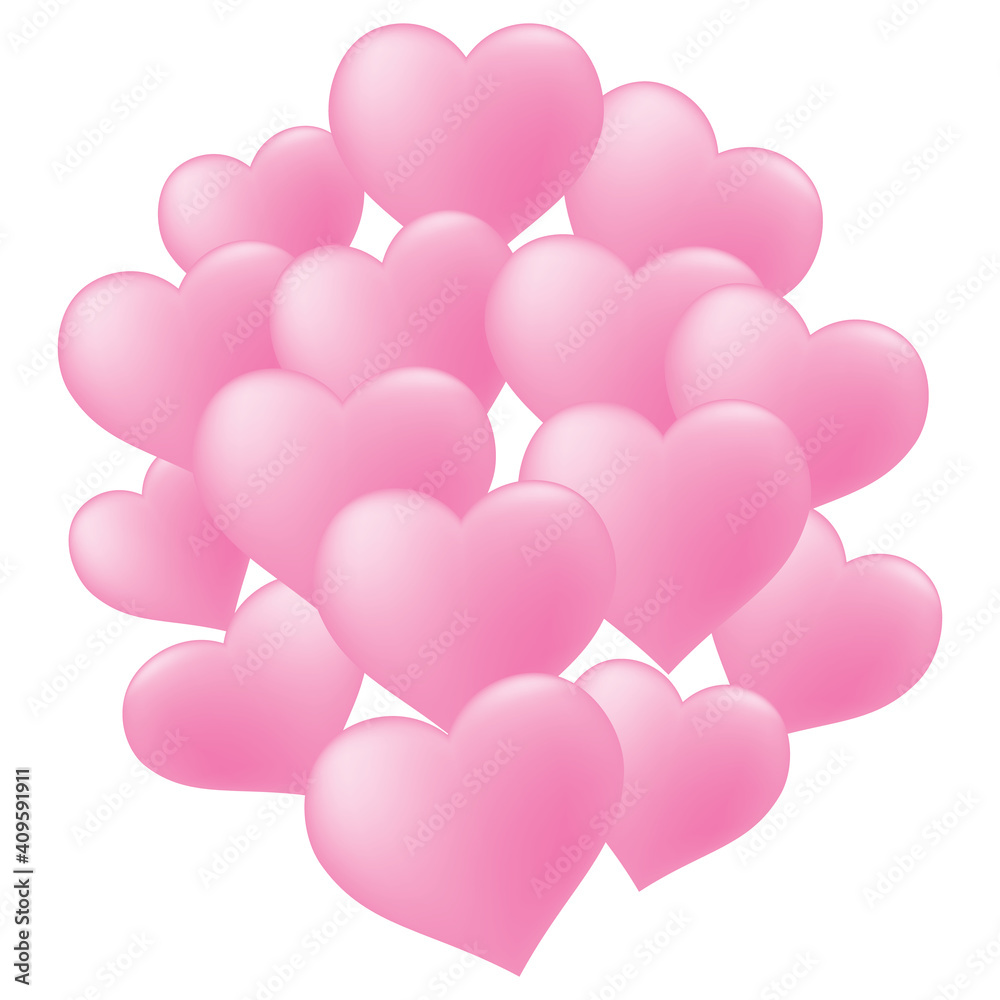 Pink hearts balloons on white background, abstract romantic background, valentine card.