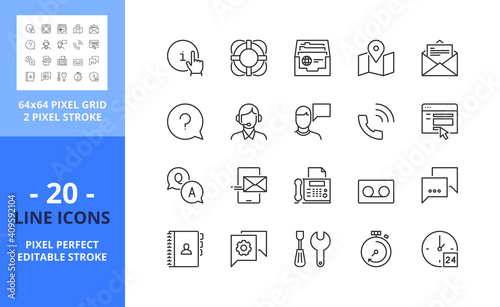 Line icons about contact and support. Pixel perfect 64x64 and editable stroke
