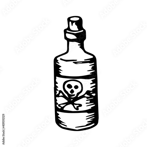Vial of poison with potion witchcraft elixir. Corked glass bottle skull and bones label death symbol. Hand drawn halloween sketch black outline engraving tattoo. Stock vector illustration isolated.