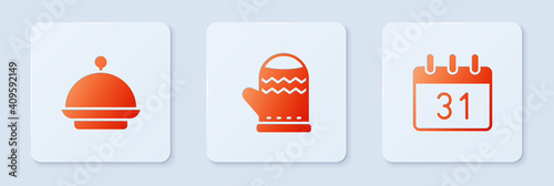 Set Christmas mitten, covered with tray and Calendar. White square button. Vector.