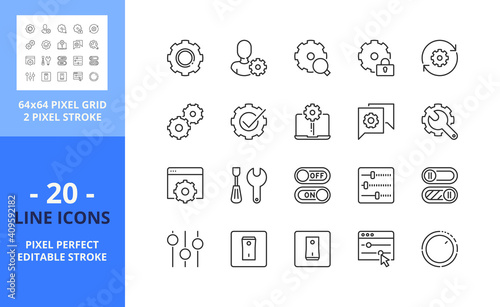 Line icons about settings and controls. Interface. Pixel perfect 64x64 and editable stroke