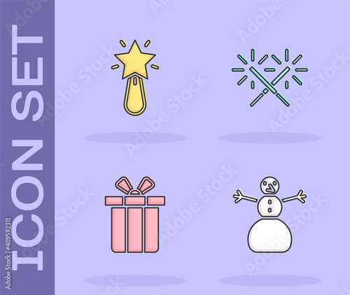 Set Christmas snowman, star, Gift box and Sparkler firework icon. Vector.