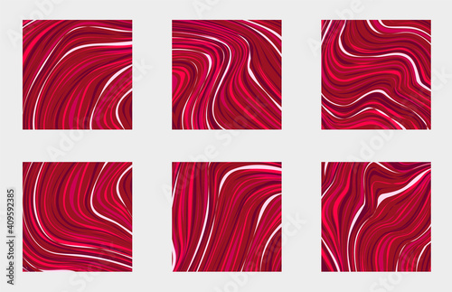 Set vector illustration marble red texture. Splash of paint. Colorful liquid.
