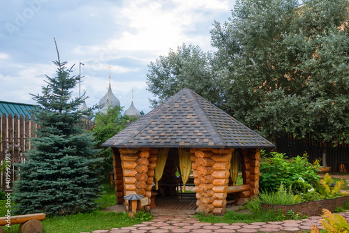 Gazebo in the yard. One of the most popular tourist places of the city is the Carved and decorated Snegurochka's tower-room