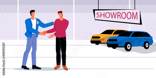 Car purchase scene with seller and buyer cartoon characters handshaking  when concluding a deal in a dealership. Car sale deal in showroom, flat vector illustration.