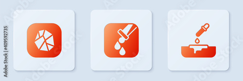 Set Test tube and flask, Salt stone and Petri dish with pipette. White square button. Vector.