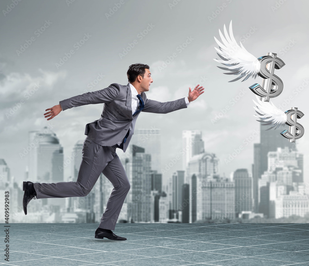 Businesspeople chasing angel investor funding Businesspeople chasing angel investor funding
