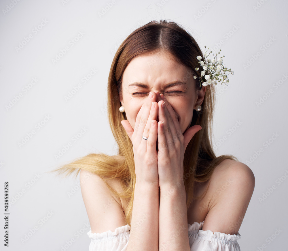 pretty emotional woman decoration flowers in hair luxury attractive look pretty emotional woman decoration flowers in hair luxury attractive look