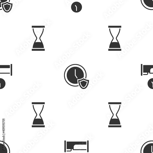 Set Time to sleep, Clock with shield and Old hourglass sand on seamless pattern. Vector.