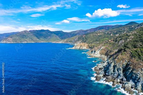 Aerial view of rocky coastline of corsican Cap Corse near Erbalunga, Corsica, France. Tourism and vacations concept.