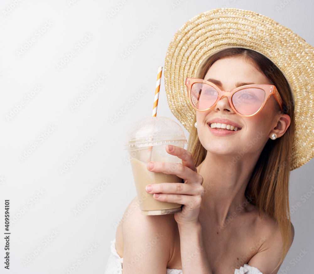 Pretty emotional woman in glass hat with pink glasses luxury Studio drink Pretty emotional woman in glass hat with pink glasses luxury Studio drink