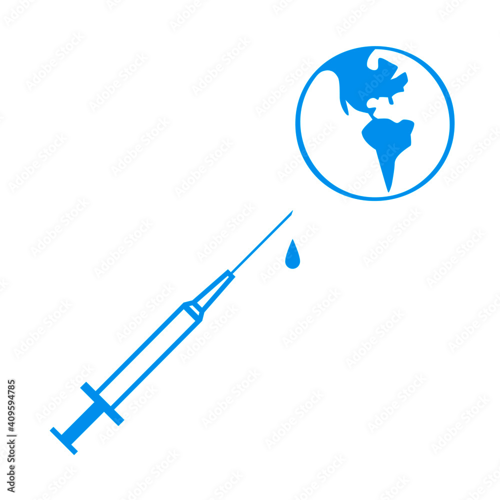Syringe with a needle and globe isolated on white background. Stop Covid-19 global pandemic with vaccination concept Syringe with a needle and globe isolated on white background. Stop Covid-19 global pandemic with vaccination concept