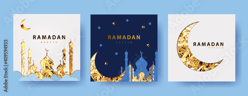 Ramadan kareem vector Set of greeting cards, posters, holiday covers. Modern design with golden foil shining crescent and mosque in the clouds on white and blue background. 
