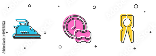 Set Electric iron, Washing dishes and Clothes pin icon. Vector.