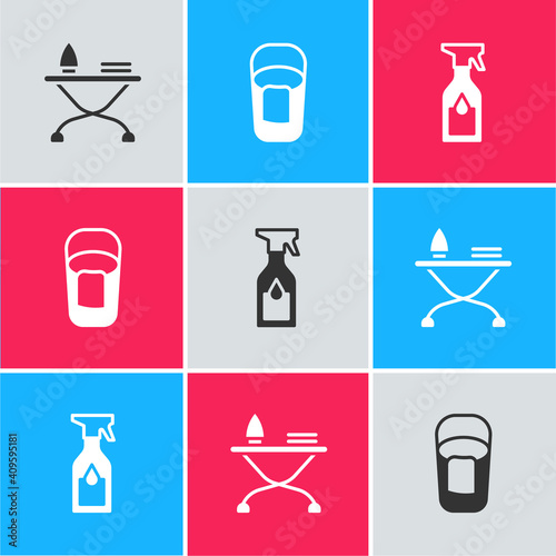 Set Iron and ironing board, Bucket with rag and Cleaning spray bottle icon. Vector.