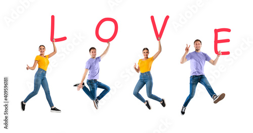 Fototapeta Naklejka Na Ścianę i Meble -  Collage of people jumping and holding letters forming word Love