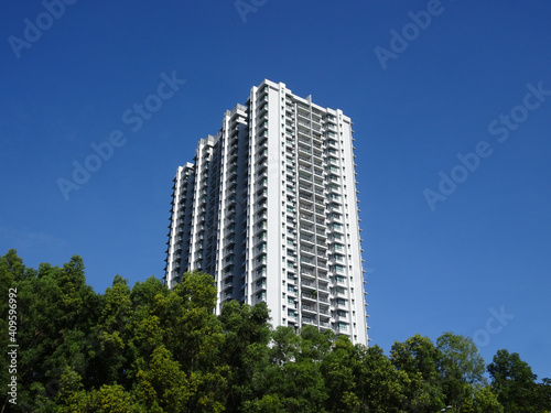 SELANGOR, MALAYSIA -JULY 22, 2020: High rise apartment building with modern facade design. Popular in the urban areas in Malaysia. Various facilities for the use of the residents are provided.