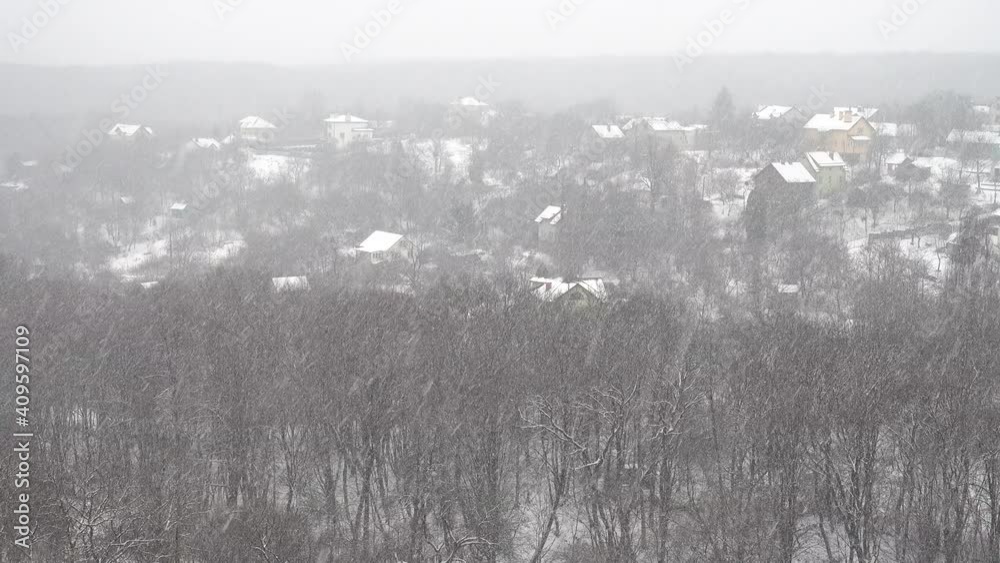 Falling snowflakes of snow against the background of trees in winter. Falling snowflakes of snow against the background of trees in winter.
