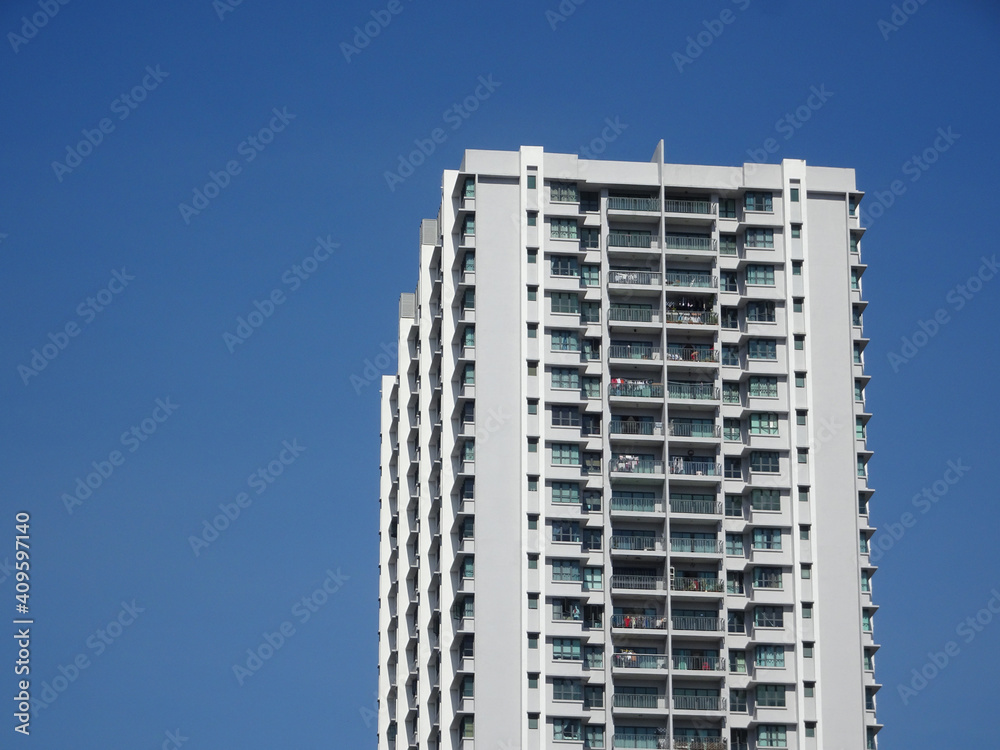 SELANGOR, MALAYSIA -JULY 22, 2020: High rise apartment building with modern facade design. Popular in the urban areas in Malaysia. Various facilities for the use of the residents are provided.