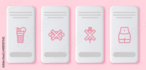 Set line Fresh smoothie, No junk food, doping syringe and Women waist. White rectangle button. Vector.