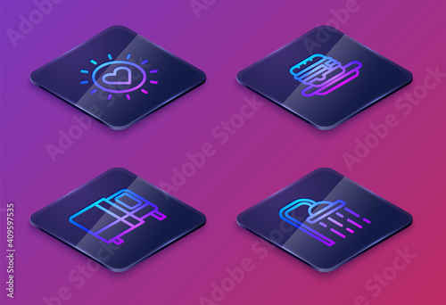 Set Isometric line Sun, Bed, Junk food and Shower head. Blue square button. Vector.