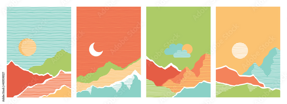 Colorful landscape wall art illustrations, modern abstract minimal mountain and sky nature in bold colors vector