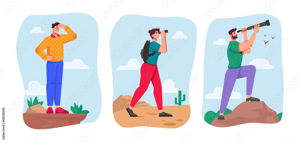 Business future vision and looking for opportunities for company. Set of leader searching success in distance. People with binoculars and spyglasses in desert. Cartoon character, vector in flat style Business future vision and looking for opportunities for company. Set of leader searching success in distance. People with binoculars and spyglasses in desert. Cartoon character, vector in flat style