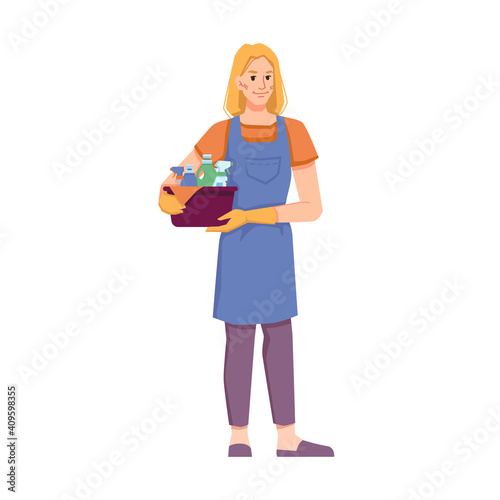 Female personage from cleaning service tidying home, office or hotel room. Isolated Cleaner staff in uniform holding detergents and cloth for wiping dust. Cartoon character, vector in flat style