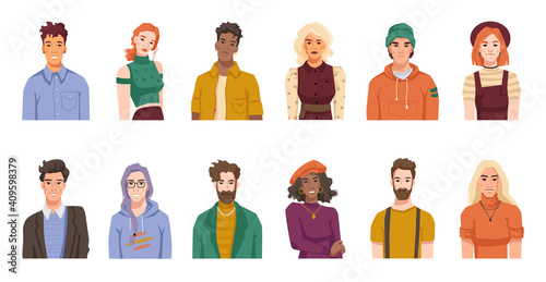 Portraits of people from different cultures and nations. Isolated set of males and females, positive youth or adults wearing hipster cloth. Diverse personages. Cartoon character, vector in flat style