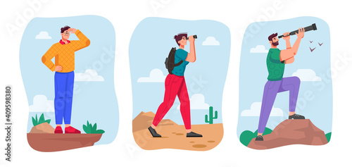 Business future vision and looking for opportunities for company. Set of leader searching success in distance. People with binoculars and spyglasses in desert. Cartoon character, vector in flat style