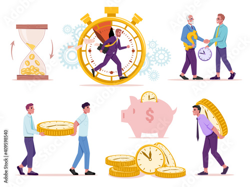 Set of time and money concept. Vector sandglass with golden coins, man running in stopwatch, old and young people exchanging resources, watch in shape of coins, piggy bank and dollar sign