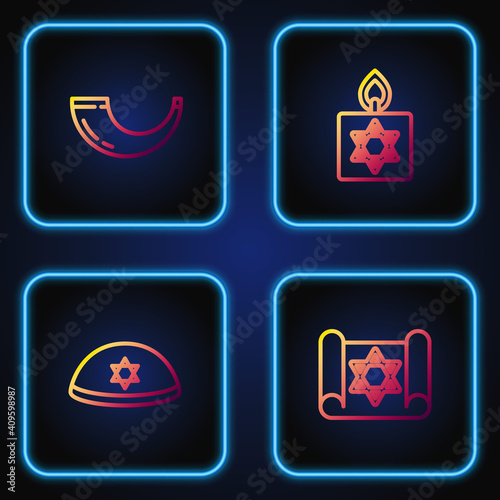 Set line Torah scroll, Jewish kippah, Traditional ram horn, shofar and Burning candle. Gradient color icons. Vector.