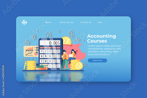 Modern flat design vector illustration. Accounting Courses Landing Page and Web Banner Template. Finance Education, Training, Digital Education, Distance Education, Bookkeeping, Money calculation