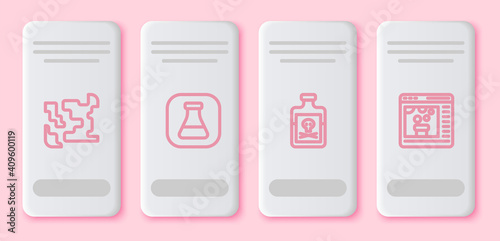 Set line Gaseous, Test tube and flask, Poison in bottle and Chemical online. White rectangle button. Vector.
