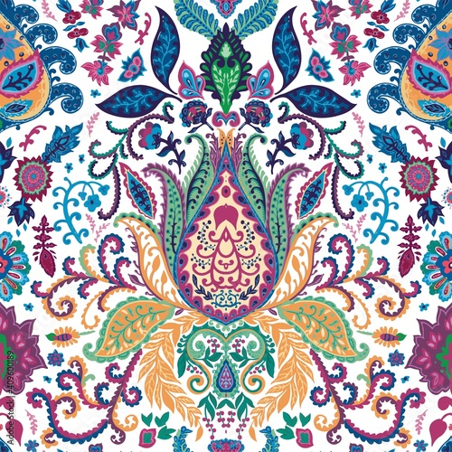 Psychedelic floral pattern with lotus and flowers