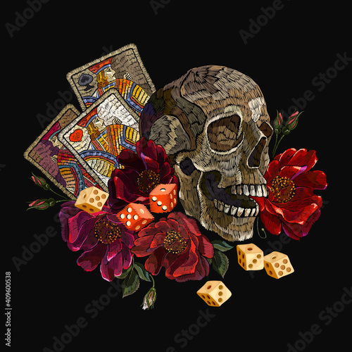 Embroidery human skull, playing cards and red roses flowers. Medieval fairy tale. Fashion clothes template and t-shirt design. Dark gothic halloween art