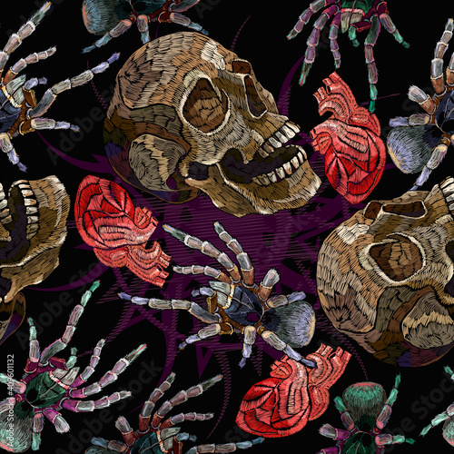 Embroidery human skull, anatomical human heart and spider. Seamless pattern. Halloween medieval style. Fashion clothes template and t-shirt design. Dark gothic art