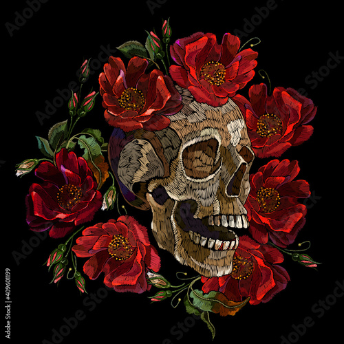 Embroidery human skull and red roses flowers. Fashion clothes template and t-shirt design. Dark gothic art. Halloween art. Medieval style