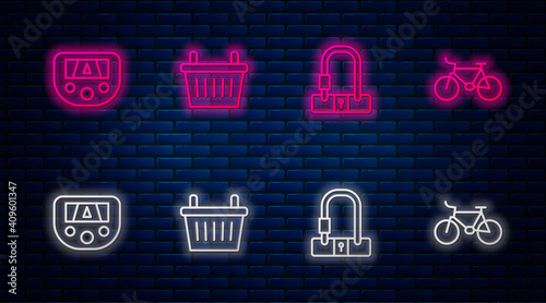 Set line Bicycle basket, lock, Gps device with map and . Glowing neon icon on brick wall. Vector.