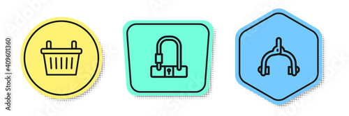 Set line Bicycle basket, lock and brake calipers. Colored shapes. Vector.