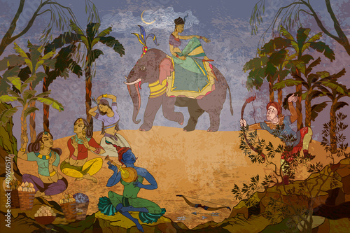 Hinduism. Vishnu and Shiva. Dancing goddesses in the jungle. Gods of India. Ancient frescoes. Traditional indian mural paintings style. Old Asian culture. Mythology, tradition and history. Religion