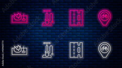 Set line Bicycle air pump, lane, on street ramp and Location with bicycle. Glowing neon icon on brick wall. Vector.