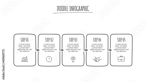 Doodle infographic elements with 5 options. Hand drawn icons. Thin line illustration