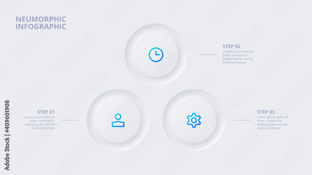 Neumorphic circle elements for infographic. Template for cycle diagram, graph, presentation and chart. Skeuomorph concept with 3 options, parts, steps or processes