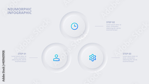 Neumorphic circle elements for infographic. Template for cycle diagram, graph, presentation and chart. Skeuomorph concept with 3 options, parts, steps or processes