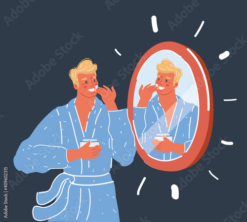 Vector illustration of man who take care about his skin. Character looking at miror tonight.